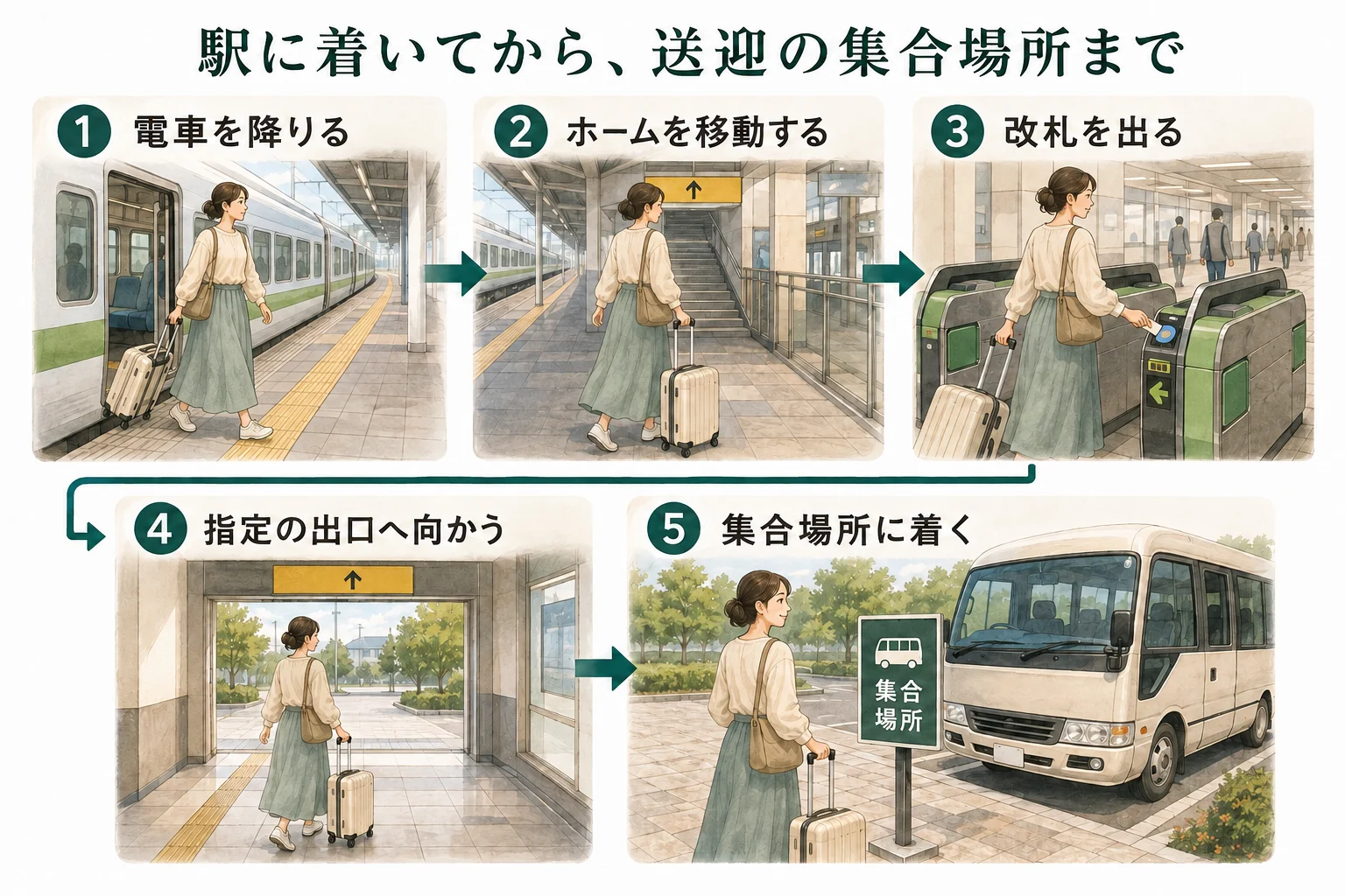 電車を降りてからホーム、改札、出口を通って送迎の集合場所へ向かう5つの場面