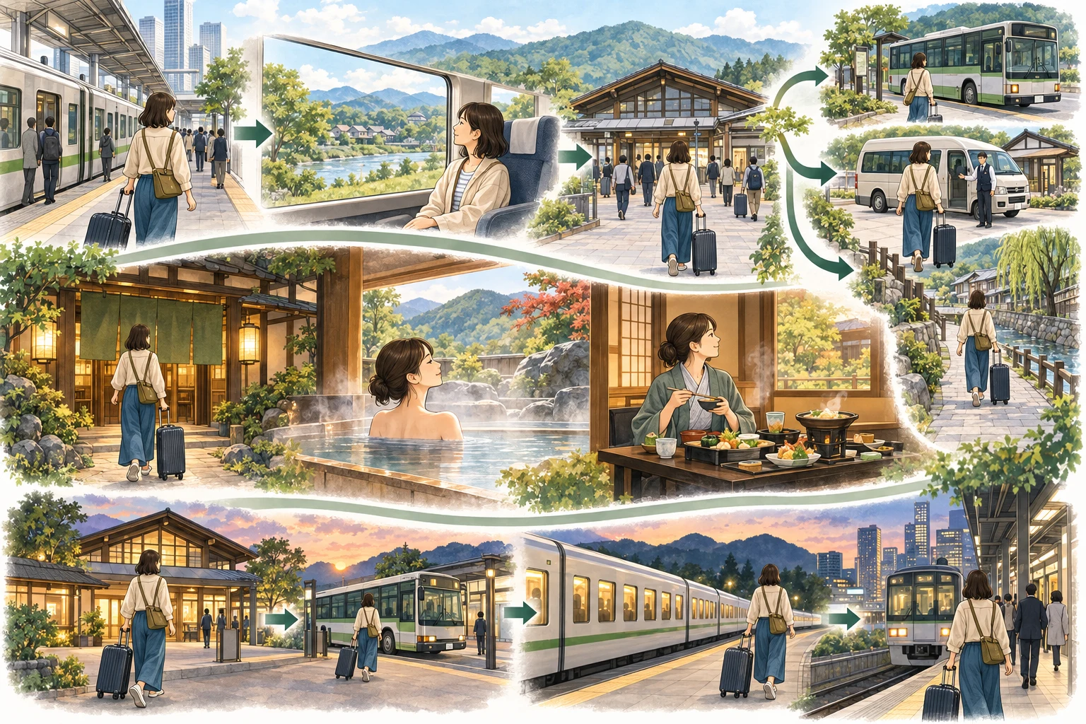 東京から温泉地へ向かい、宿で過ごして夕方に戻る車なし旅行の流れ
